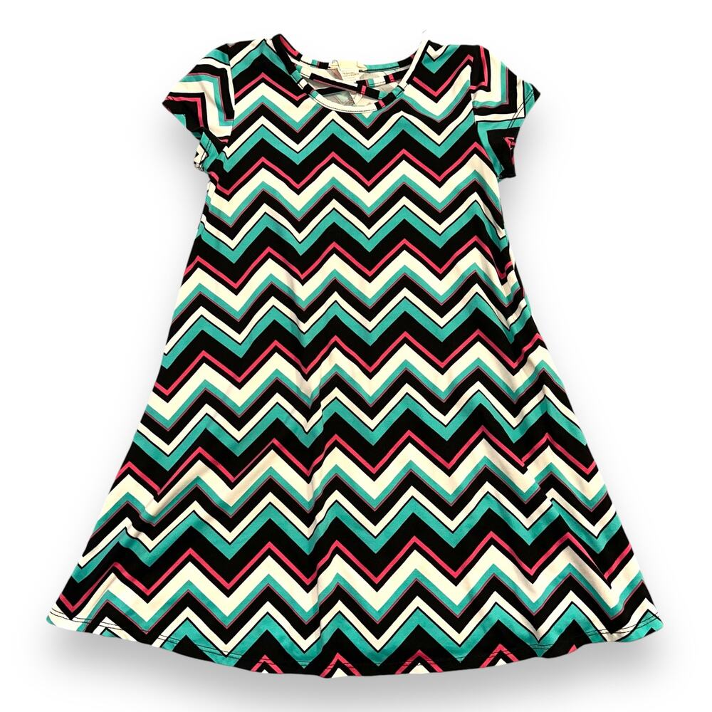 Btween Girls Dress Chevron Print Knee Length Teal Black Pink White Large 10 12